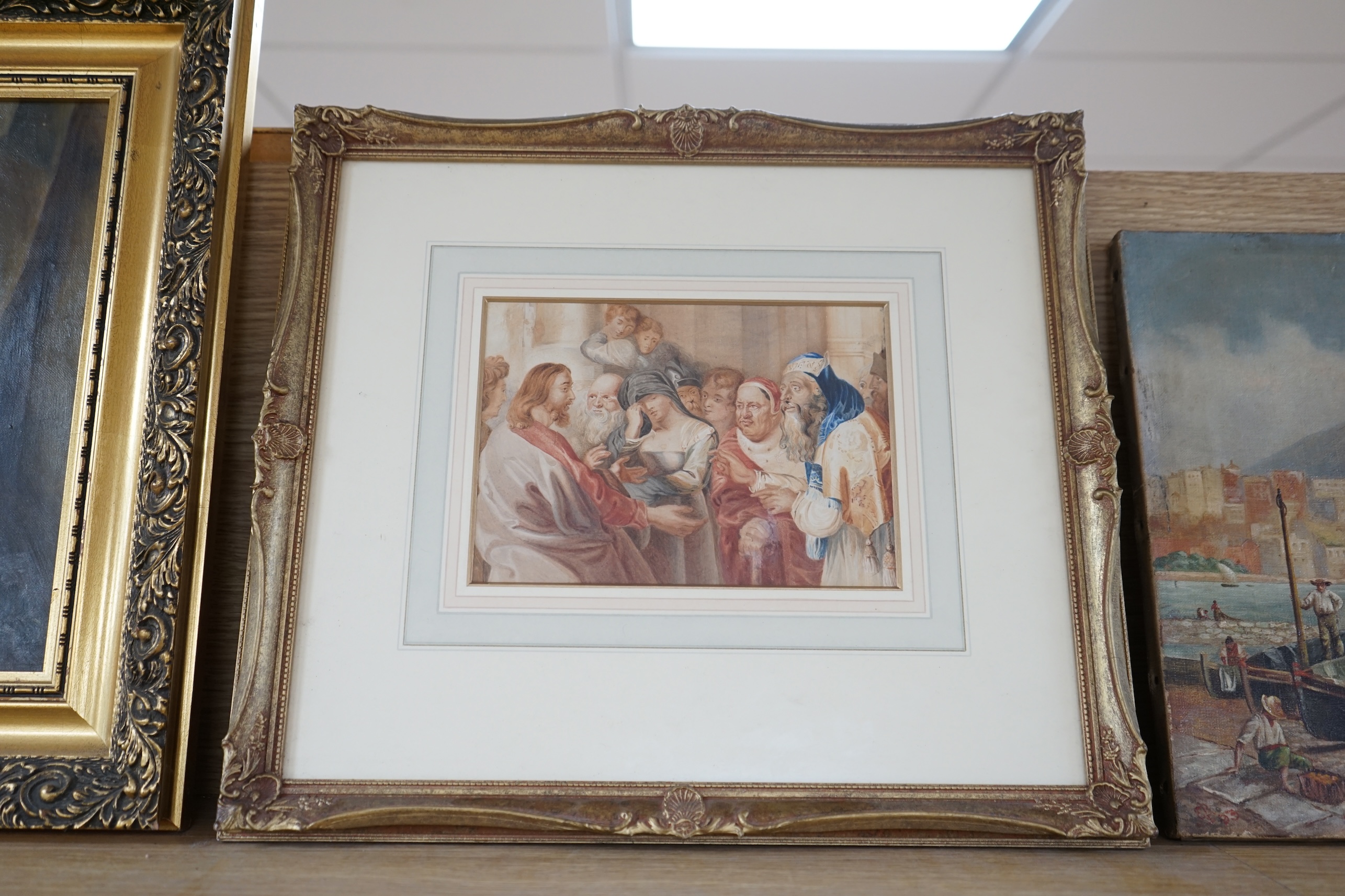 Attributed to Archer James Oliver ARA (1774-1842), watercolour, Biblical scene with crowded figures, unsigned, details verso, 14 x 20cm. Condition - fair to good